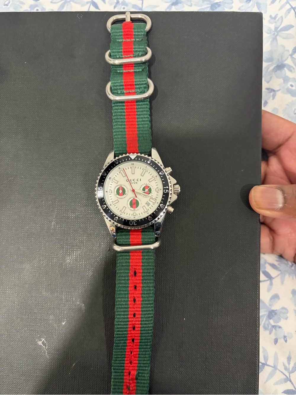 Gucci Green and Red Stripe NATO Watch with Silver Case